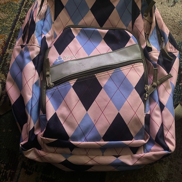 L.L. Bean Pink and Blue Argyle Backpack - Picture 1 of 6